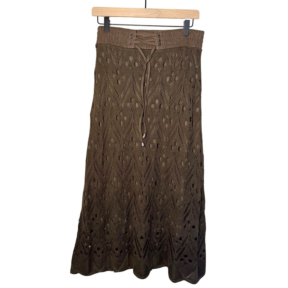 VTG Women's LAPIS Brown 90s Crochet Woven Skirt Beach Boho Tie Front SZ M MAXI